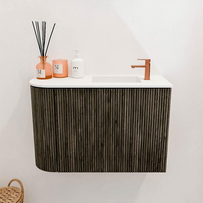 Mondiaz JOYA 61.6cm meuble de toilette - arrondi gauche couleur Shadow - Vasque FAYE position Droite 1 trou de robinet couleur Talc.