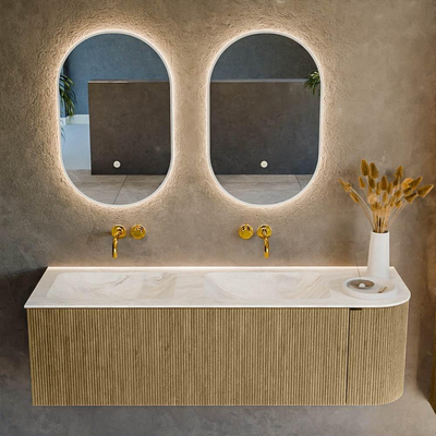 Mondiaz KURVE-DLUX Ensemble de meubles de salle de bains - 145x46x40cm - 1 tiroir - 1 porte - lavabo solid surface - double / gauche - sans trou de robinet - Dusk