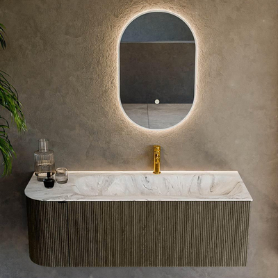Mondiaz KURVE-DLUX Ensemble de meuble - 125x46x40cm - 1 tiroir - 1 porte - lavabo en solid surface - droite - 1 trou de robinet - Shadow