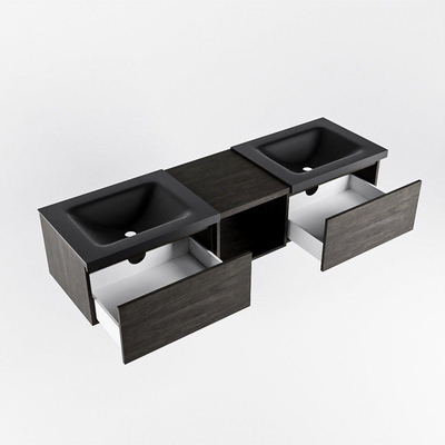 MONDIAZ BUKLA 160cm meuble de salle de bain avec module ouvert 40 couleur Marron Foncé avec 2 tiroirs. Lavabo CLOUD double 0 trou de robinet couleur Urban.