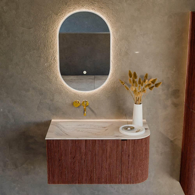 MONDIAZ KURVE-DLUX meuble de salle de bains 85 cm arrondi à droite couleur Ruby avec 1 tiroir et 1 porte. Plan-vasque CLOUD à gauche sans trou de robinet Nata.