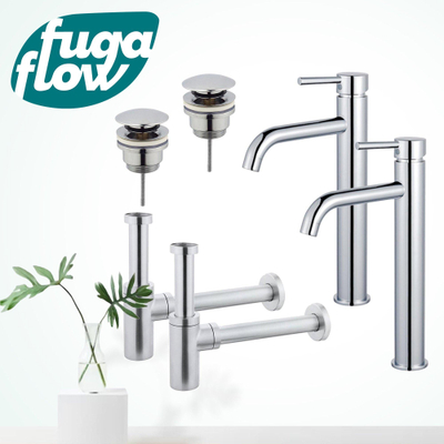 FugaFlow Eccelente Sobrado Kit robinet lavabo - pour double vasque - robinet rehaussé - bonde clic clac - siphon design - Chrome brillant