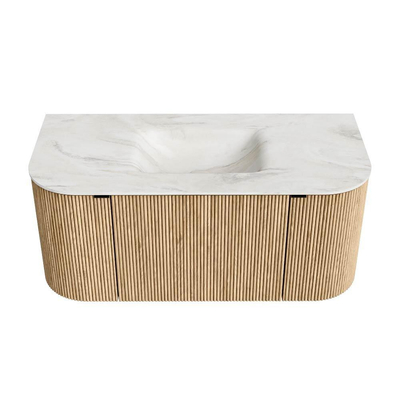 MONDIAZ KURVE-DLUX Meuble de salle de bains 100cm avec module 25 Len R couleur Oak avec 1 tiroir et 2 portes. Lavabo GRUNNE central sans trou de robinet couleur Ostra.