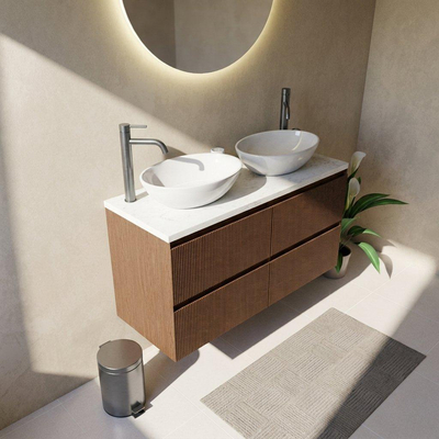 Saniclass Holz Atelier Ensemble meuble de salle de bains - 120x45x63cm - Plan vasque en marbre Dia poli (blanc) - 2 trous de robinetterie - 2 tiroirs - walnut pure mat (bois)
