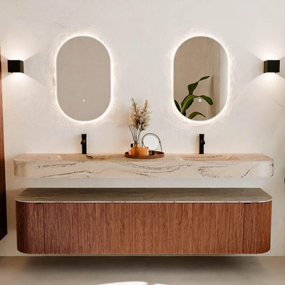 MONDIAZ THOR-DLUX 200cm meuble de salle de bains arrondi gauche + droite couleur Ruby avec 2 tiroirs et 2 portes. Vasque suspendue CLOUD Double 2 trous de robinet couleur Arena.