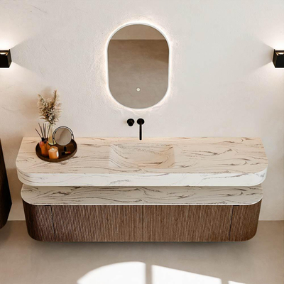 MONDIAZ THOR-DLUX 190cm badmeubel ronding links + rechts kleur Walnut met 2 lades en 2 deuren. Vrijhangende wastafel CLOUD Midden zonder kraangat kleur Nata.