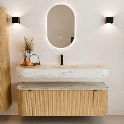 MONDIAZ THOR-DLUX 140cm badmeubel ronding links + rechts kleur Oak met 1 lade en 2 deuren. Vrijhangende wastafel CLOUD Midden 1 kraangat kleur Nata.