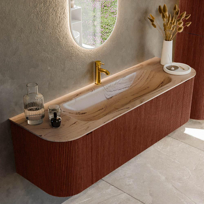 MONDIAZ KURVE-DLUX 150cm badmeubel ronding Links + Rechts kleur Ruby met 1 lade en 2 deuren. Wastafel BIG MEDIUM Midden 1 kraangat Arena.