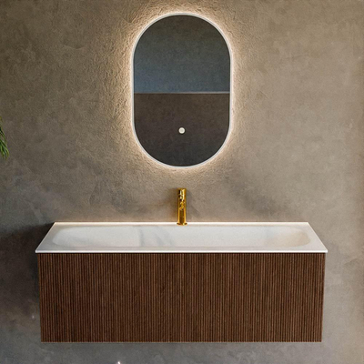 MONDIAZ KURVE 120cm badmeubel kleur Walnut met 1 lade. Wastafel BIG LARGE midden 1 kraangat Talc.