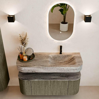 MONDIAZ THOR-DLUX 120cm meuble de salle de bains arrondi gauche + droite couleur Shadow avec 1 tiroir et 2 portes. Vasque suspendue CLOUD Droite 1 trou de robinet couleur Oza.