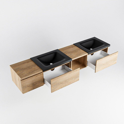 MONDIAZ BUKLA 200cm ensemble de meuble avec module ouvert 40 à droite couleur Chêne blanchi avec 3 tiroirs. Lavabo CLOUD double 2 trous de robinet couleur Urbain.
