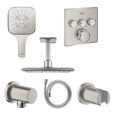 GROHE Rainshower Smartactive Ensemble de douche de tête Apparente - douche de tête carrée 31cm - douchette carrée - bras de plafond - boîtier d'encastrement - Supersteel brossé