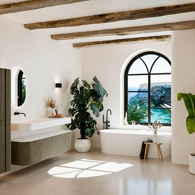 MONDIAZ THOR 170cm meuble de salle de bains arrondi gauche + droite couleur Shadow avec 1 tiroir et 2 portes. Vasque suspendue CLOUD Gauche sans trou de robinet couleur Talc.