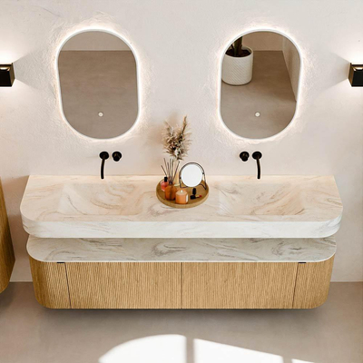 MONDIAZ THOR-DLUX Meuble de salle de bains - 190cm - arrondi gauche + droite - couleur Oak - 2 tiroirs et 2 portes - Vasque suspendue CLOUD Double sans trou de robinet - couleur Ostra