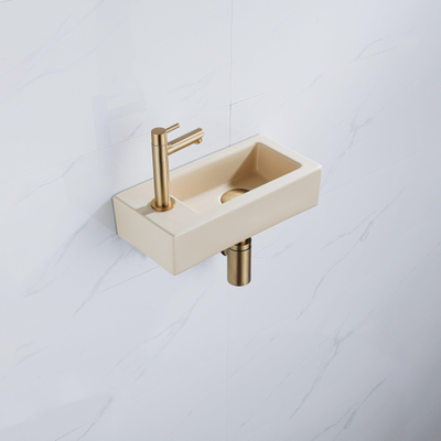 FugaFlow Eccelente Pietra Fonteinset - 37.5x18.5x9cm - keramiek - kraangat links - fonteinkraan geborsteld messing - afvoerplug - verlaagd sifon - Mat Beige