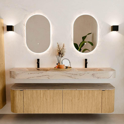 MONDIAZ THOR-DLUX Meuble de salle de bains - 180cm - arrondi gauche + droite - couleur Oak - 2 tiroirs et 2 portes - Lavabo suspendu CLOUD Double 2 trous de robinet - couleur Arena