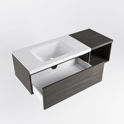 MONDIAZ BUKLA meuble de salle de bains 120 cm avec module ouvert 40 couleur Dark Brown avec 1 tiroir. Lavabo CLOUD à gauche 1 trou de robinet couleur Talc.
