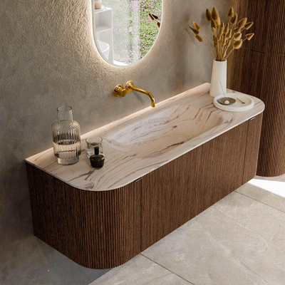 MONDIAZ KURVE-DLUX 130cm badmeubel ronding Links + Rechts kleur Walnut met 1 lade en 2 deuren. Wastafel BIG SMALL Midden zonder kraangat Nata.
