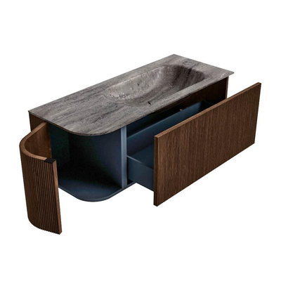 MONDIAZ KURVE-DLUX meuble de salle de bains 115cm arrondi gauche couleur Walnut avec 1 tiroir et 1 porte. Lavabo BIG SMALL droit sans trou de robinet Oza.