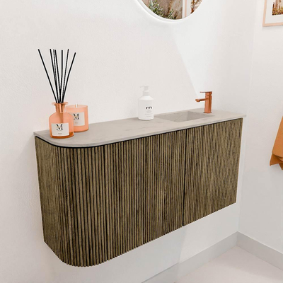 Mondiaz JOYA-DLUX Meuble de toilette 81,6cm - arrondi gauche couleur Dusk - Vasque FAYE position Droite 1 trou de robinet couleur Opalo.