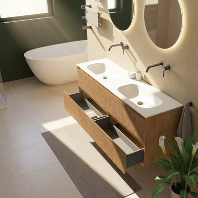 Saniclass Holz Atelier Ensemble meuble de salle de bains - 160x45x61.5cm - lavabo Flow en Solid Surface blanc - 2 vasques - sans trous de robinetterie - 4 tiroirs - chêne natural mat (bois)