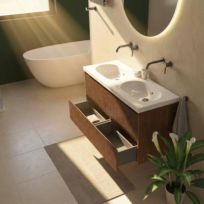 Saniclass Holz Atelier Ensemble de meubles de salle de bains - 120x45x63.5cm - lavabo Palermo en céramique blanc - 2 vasques - sans trous de robinet - 2 tiroirs - mat walnut pure (bois)