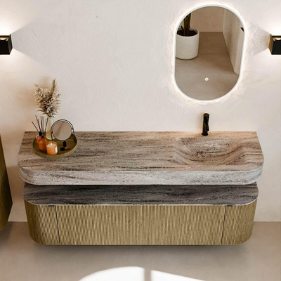 MONDIAZ THOR-DLUX 170cm meuble de salle de bains arrondi gauche + droite couleur Dusk avec 1 tiroir et 2 portes. Vasque suspendue CLOUD Droite 1 trou de robinet couleur Oza.