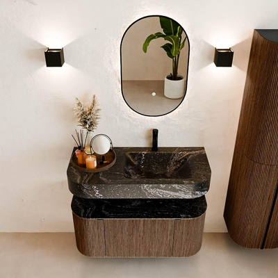 MONDIAZ THOR-DLUX 100cm meuble de salle de bains arrondi gauche + droite couleur Walnut avec 1 tiroir et 2 portes. Vasque suspendue CLOUD Droite 1 trou de robinet couleur Lava.