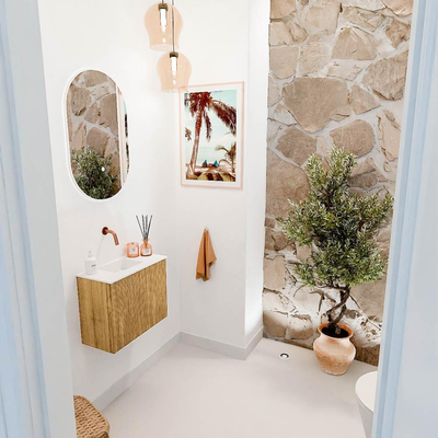 Mondiaz JOYA 50cm toiletmeubel - kleur Oak - Wastafel FAYE positie Links Zonder kraangat kleur Talc.