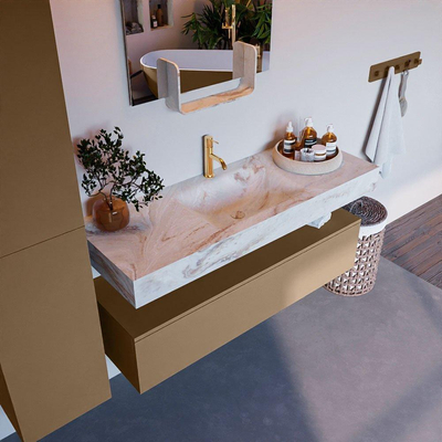 Mondiaz ALAN-DLUX Ensemble de meuble - 130cm - meuble Oro mat - 1 tiroir - Lavabo Cloud Frappe suspendu - vasque Centre - 1 trou de robinet