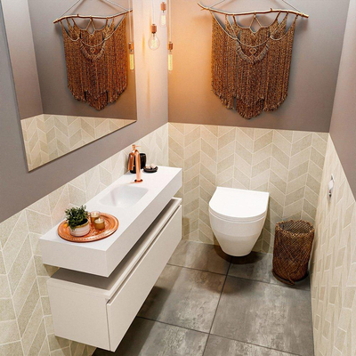 MONDIAZ ANDOR Toiletmeubel - 100x30x30cm - 1 kraangat - 1 lades - linen mat - wasbak midden - Solid surface - Wit