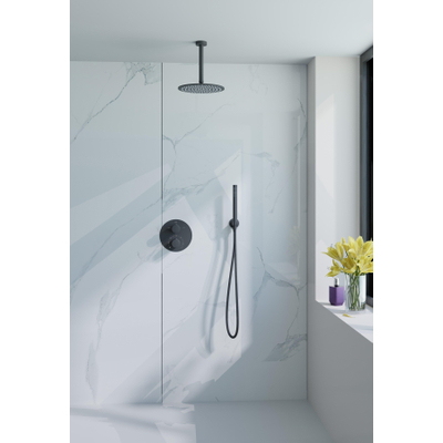 Fortifura Calvi Ensemble de douche à encastrer - rond - thermostatique - bras plafond - douche principale de 25 cm - douchette à main - flexible de douche en métal - noir mat
