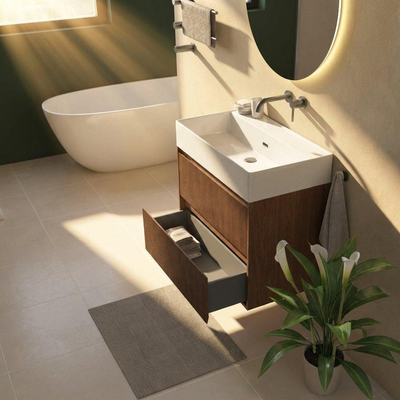 Saniclass Holz Atelier Ensemble meuble de salle de bains - 80x45x72cm - Legend lavabo en céramique blanc - 1 vasque - sans trou de robinetterie - 2 tiroirs - walnut pure mat (bois)