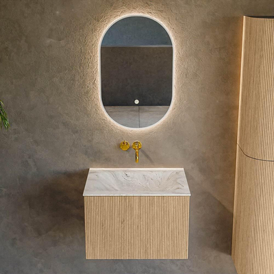 MONDIAZ KURVE-DLUX Meuble de salle de bains 60cm couleur Oak avec 1 tiroir. Lavabo CLOUD central sans trou de robinet couleur Glace.