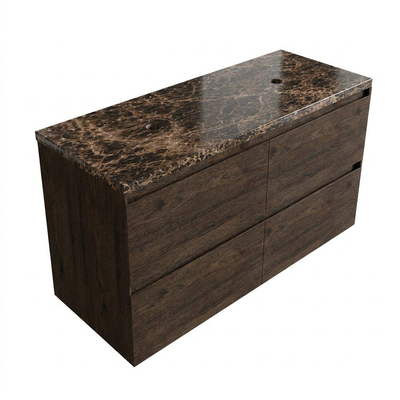 Saniclass Holz Pure Ensemble de meubles de salle de bains - 120x45x63cm - Plan de travail en pierre naturelle Noche dark emperador - sans trou de robinet - 4 tiroirs - chêne charcoal mat (bois)