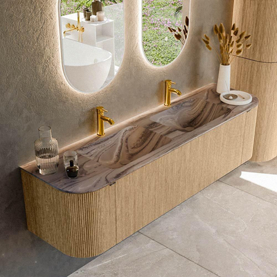 MONDIAZ KURVE-DLUX Meuble de salle de bains 170cm arrondi Gauche + Droite couleur Chêne avec 1 tiroir et 2 portes. Lavabo LEAF Double 2 trous de robinet Sombra.