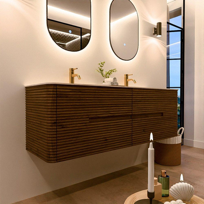 Mondiaz CIRO-DLUX Badkamermeubelset - 150x45x50cm - Solid surface wastafel Meli - 2 wasbak Dubbel - 2 kraangaten - 4 lades - Dusk