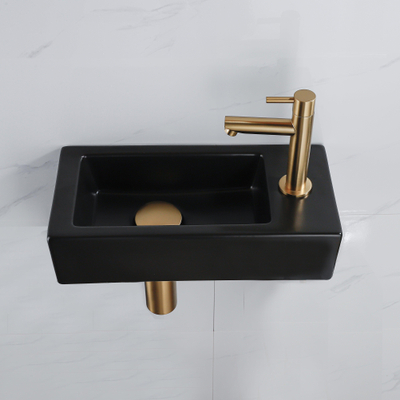 QeramiQ Fontein Fonteinset - 37.5x18.5x9cm - céramique - trou de robinet à droite - robinet lave-mains en laiton brossé - bonde de vidage - siphon abaissé - Noir Mat
