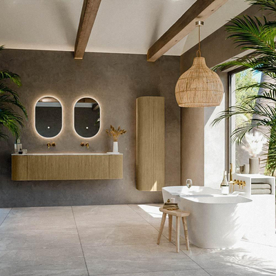 MONDIAZ KURVE-DLUX ensemble meuble de salle de bains - 180cm - arrondis gauche et droite - 2 tiroirs - 2 portes - double vasque Frappe - 2 lavabos - sans trous de robinet - Dusk