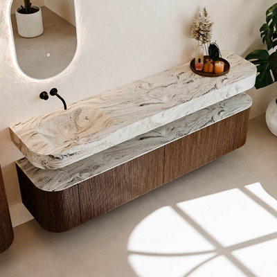 MONDIAZ THOR-DLUX 200cm meuble de salle de bains arrondi gauche + droite couleur Walnut avec 2 tiroirs et 2 portes. Vasque suspendue CLOUD Gauche sans trou de robinet couleur Glace.