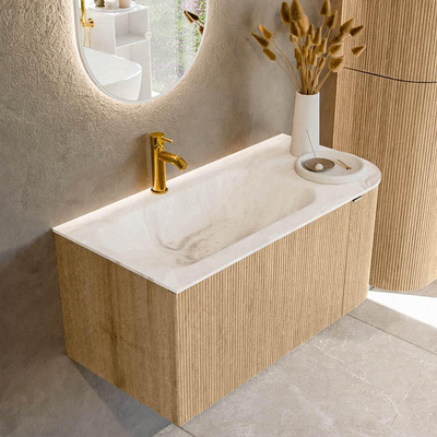 MONDIAZ KURVE-DLUX Meuble de salle de bains 95 cm avec module 25 R couleur Oak avec 1 tiroir et 1 porte. Lavabo BIG SMALL gauche 1 trou de robinet couleur Frappe.