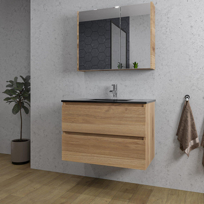 Saniclass Chaci Ensemble meuble de salle de bains - 80x46x55cm - lavabo céramique noir - 1 vasque - 1 trou de robinet - 2 tiroirs - armoire de toilette - chêne