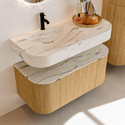 MONDIAZ THOR-DLUX 100cm badmeubel ronding links + rechts kleur Oak met 1 lade en 2 deuren. Vrijhangende wastafel CLOUD Links 1 kraangat kleur Nata.