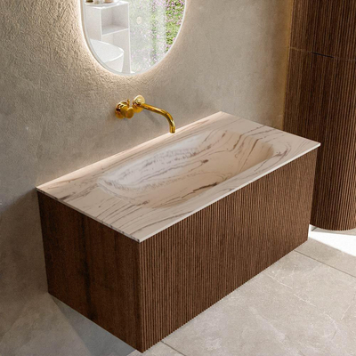 MONDIAZ KURVE-DLUX Meuble de salle de bains 90 cm couleur Walnut avec 1 tiroir et 0 porte. Lavabo BIG SMALL central sans trou de robinet Nata.