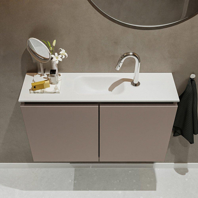 MONDIAZ TURE Kit lave-mains - 80x23x50cm - 1 trou de robinet - 2 portes - fumée mate - Lavabo central - Solid Surface Blanc