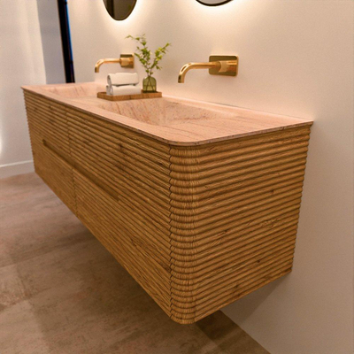 Mondiaz CIRO-DLUX Badkamermeubelset - 160x45x50cm - Solid surface wastafel Saba - 2 wasbak Dubbel - zonder kraangaten - 4 lades - Oak