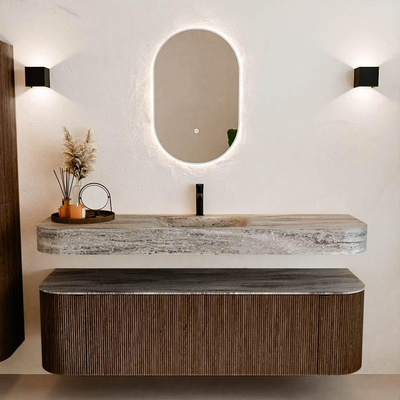 MONDIAZ THOR-DLUX 160cm badmeubel ronding links + rechts kleur Walnut met 1 lade en 2 deuren. Vrijhangende wastafel CLOUD Midden 1 kraangat kleur Oza.