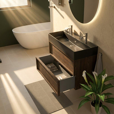 Saniclass Holz Frame Ensemble de meuble de salle de bains - 100x45x72cm - Legend lavabo en céramique noir mat - 1 vasque - 2 trous de robinetterie - 2 tiroirs - chêne charcoal mat (bois)
