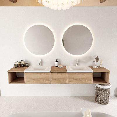 MONDIAZ BUKLA 240cm ensemble de meuble avec module ouvert 40 L+R couleur Chêne blanchi avec 3 tiroirs. Lavabo CLOUD double 2 trous de robinet couleur Talc.