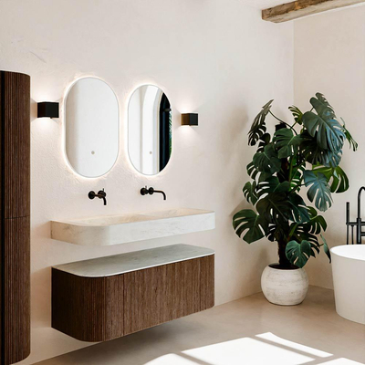 MONDIAZ THOR-DLUX 120cm meuble de salle de bains arrondi gauche + droite couleur Walnut avec 1 tiroir et 2 portes. Vasque suspendue CLOUD Double sans trou de robinet couleur Opalo.